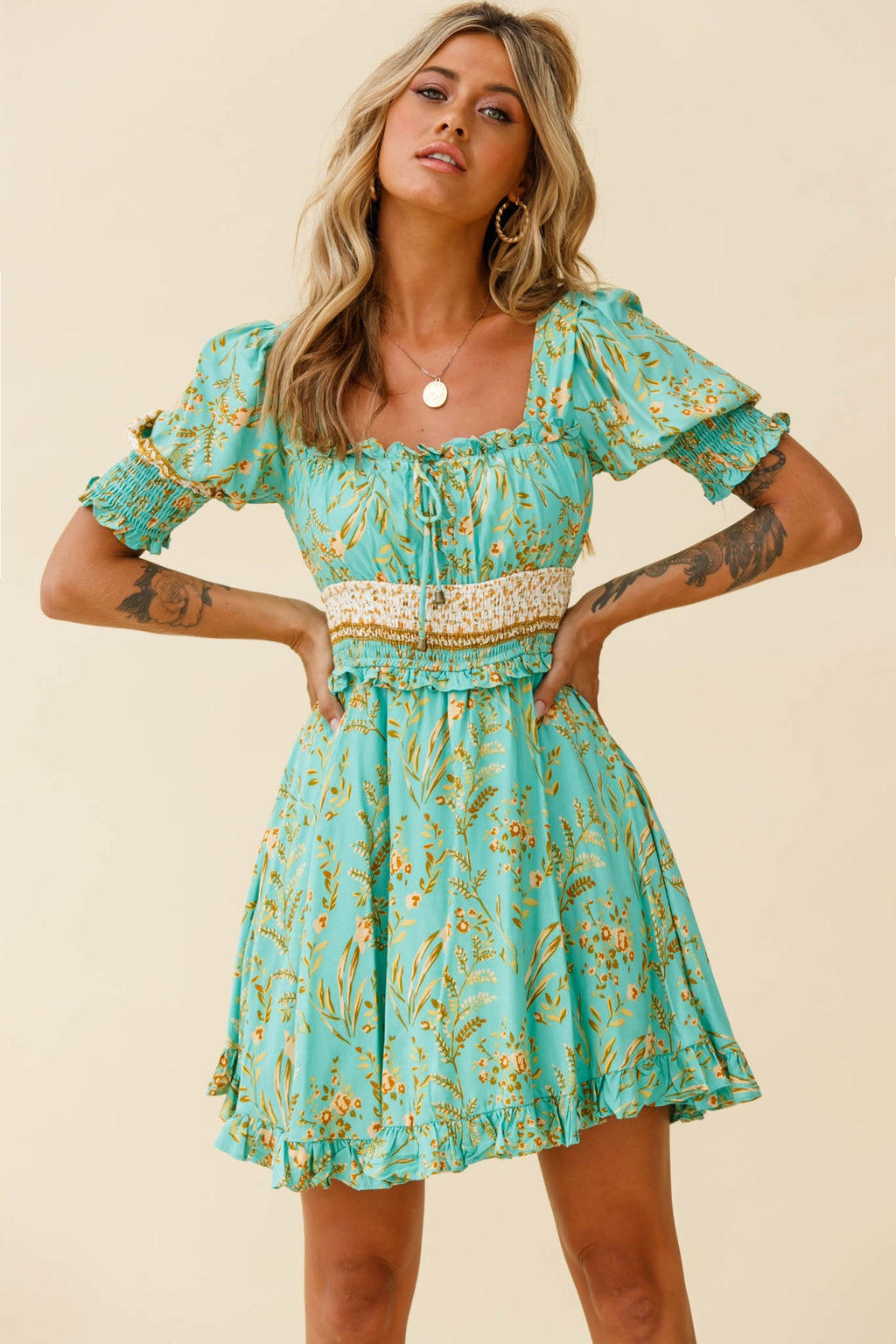 Summer In Paris Puff Sleeve Open Back Dress Botanical Print Mint by Selfie Leslie