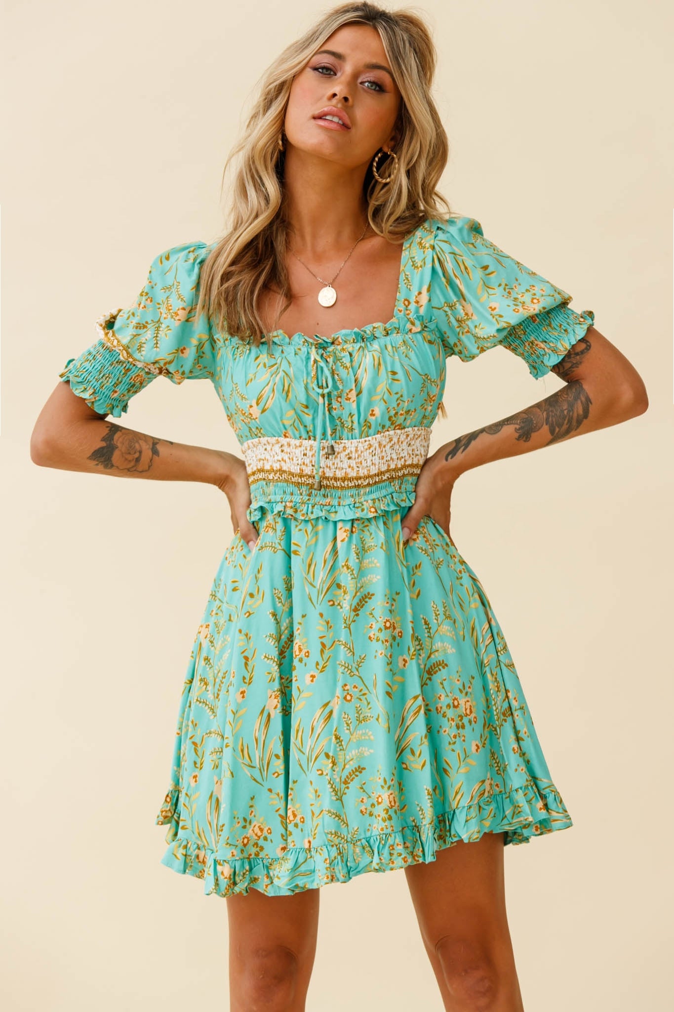 Summer In Paris Puff Sleeve Open Back Dress Botanical Print Mint by Selfie Leslie