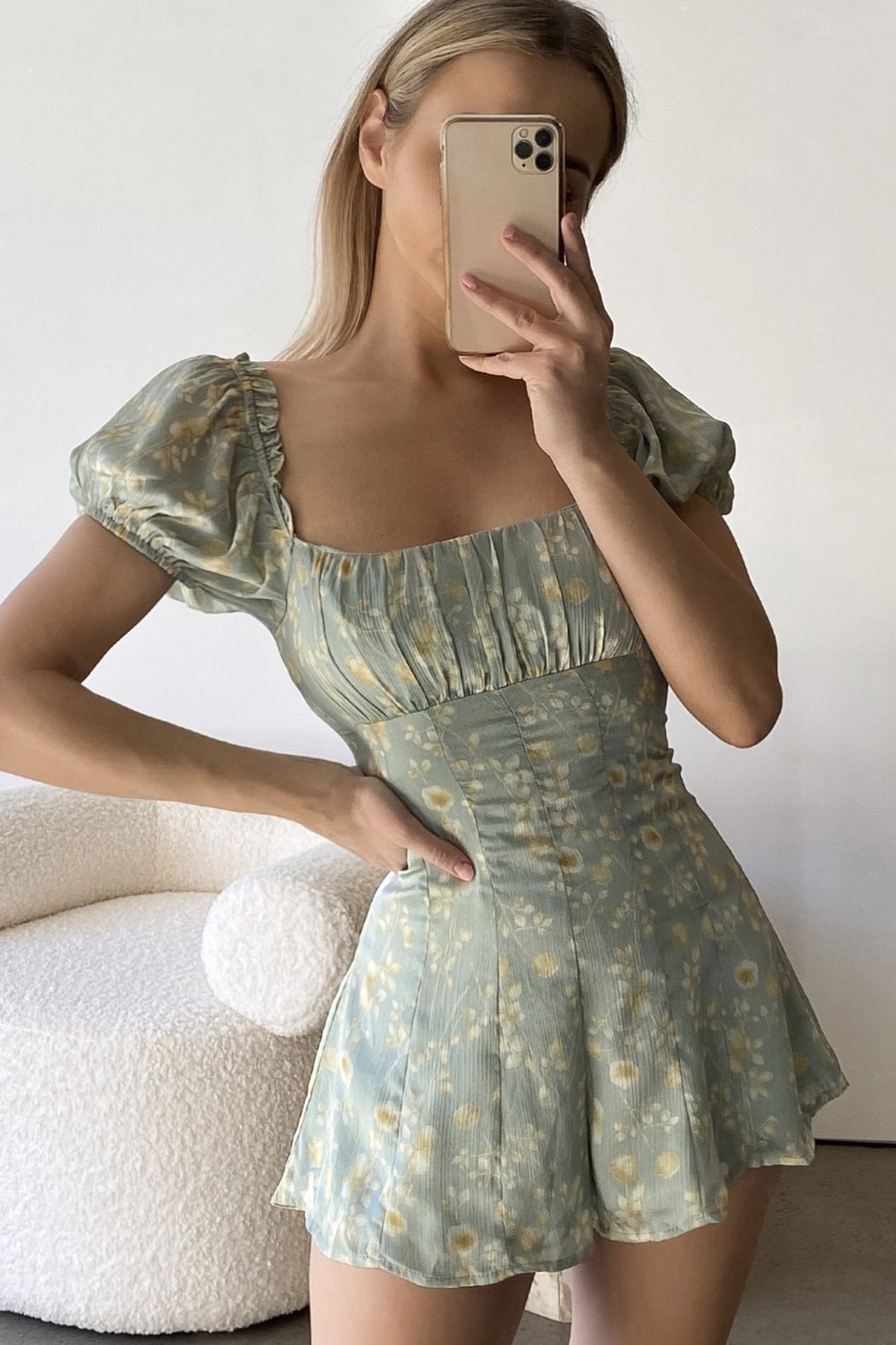 Flora Ruched Bust Puff Sleeve Romper Floral Print Mint by Selfie Leslie
