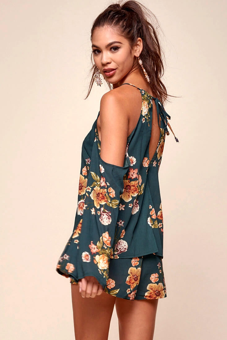 Ashanti Off the Shoulder Layered Floral Romper Khaki by Selfie Leslie