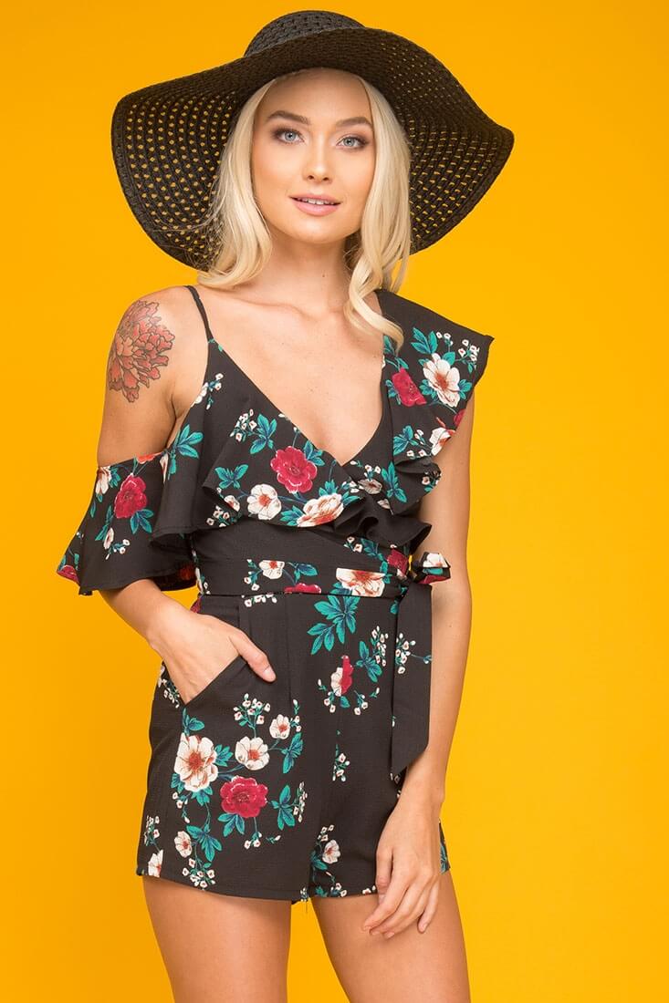 Sadie Floral Ruffled Collar Romper Black Print by Selfie Leslie