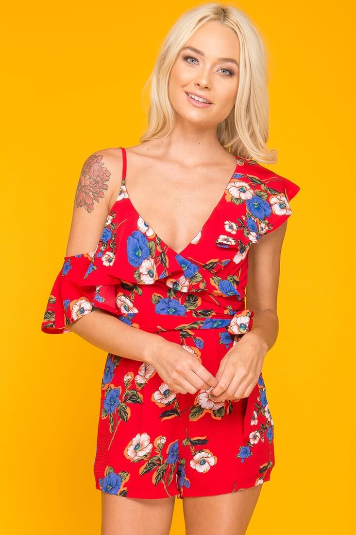 Daleyza Ruffled Floral Romper Red & Blue by Selfie Leslie
