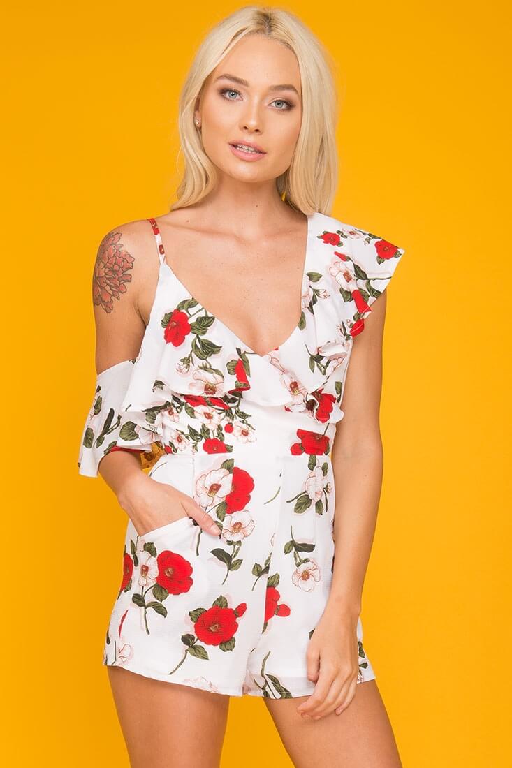Daleyza Ruffled Floral Romper White & Red by Selfie Leslie
