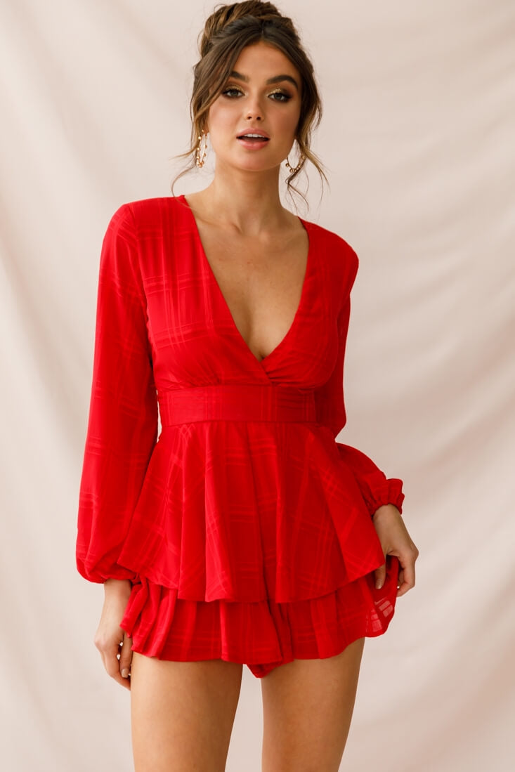 Maddox Fit & Flare Long Sleeve Romper Red by Selfie Leslie