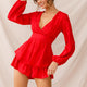 Maddox Fit & Flare Long Sleeve Romper Red
