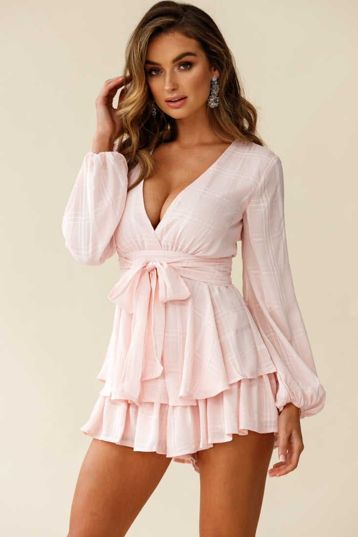 Maddox Fit & Flare Long Sleeve Romper Baby Pink | Selfie Leslie