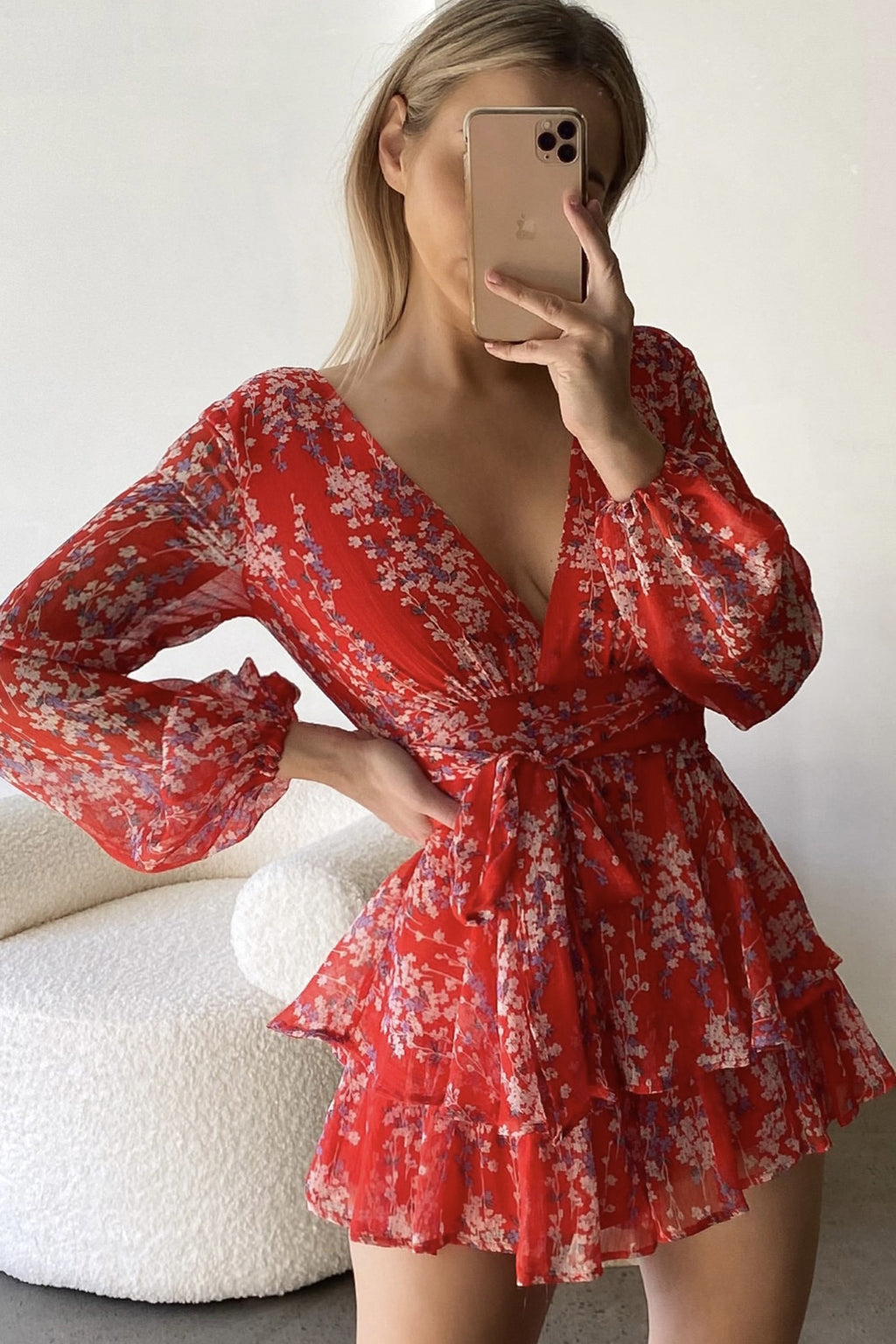 Maddox Fit & Flare Long Sleeve Romper Floral Vine Red by Selfie Leslie