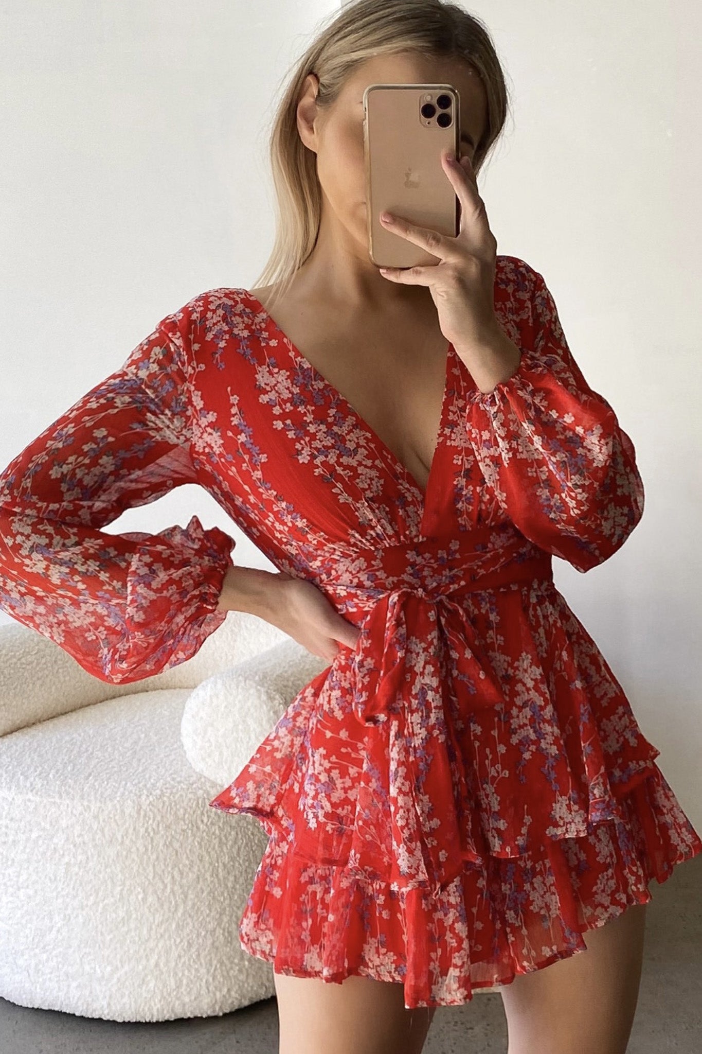 Maddox Fit & Flare Long Sleeve Romper Floral Vine Red by Selfie Leslie