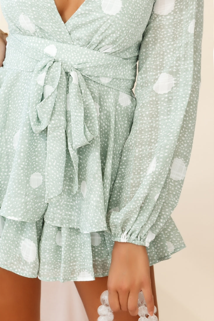 Maddox Fit & Flare Long Sleeve Romper Polka Dot Print Green by Selfie Leslie