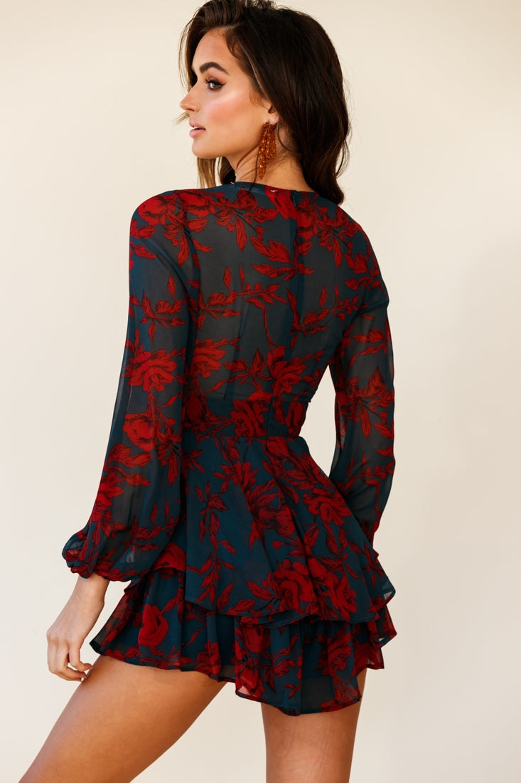 Maddox Fit & Flare Long Sleeve Romper Floral Print Green by Selfie Leslie