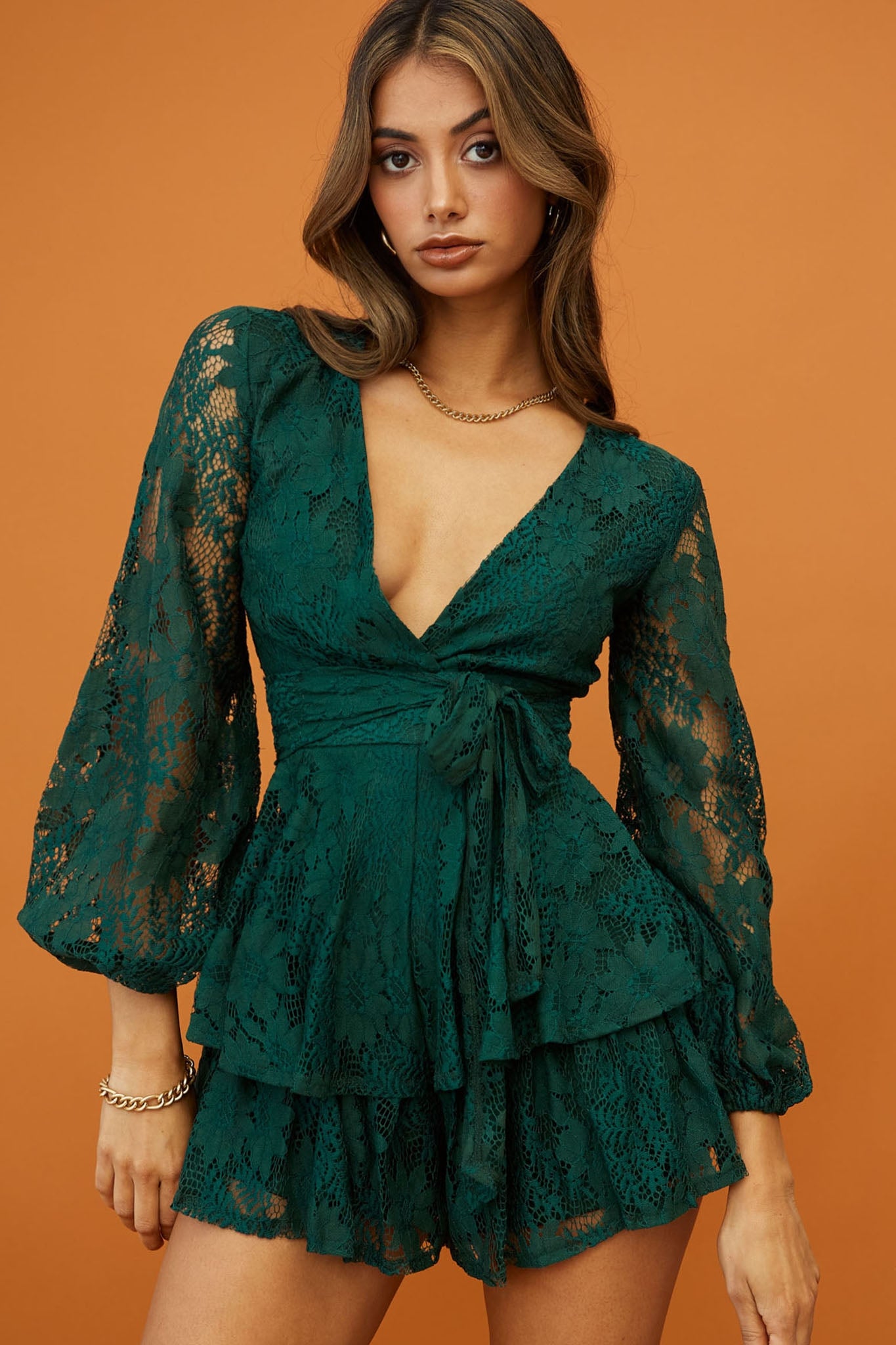 Maddox Fit & Flare Long Sleeve Romper Floral Lace Forest Green | Selfie Leslie Maddox Fit & Flare Long Sleeve Romper Floral Lace Forest Green | Selfie Leslie