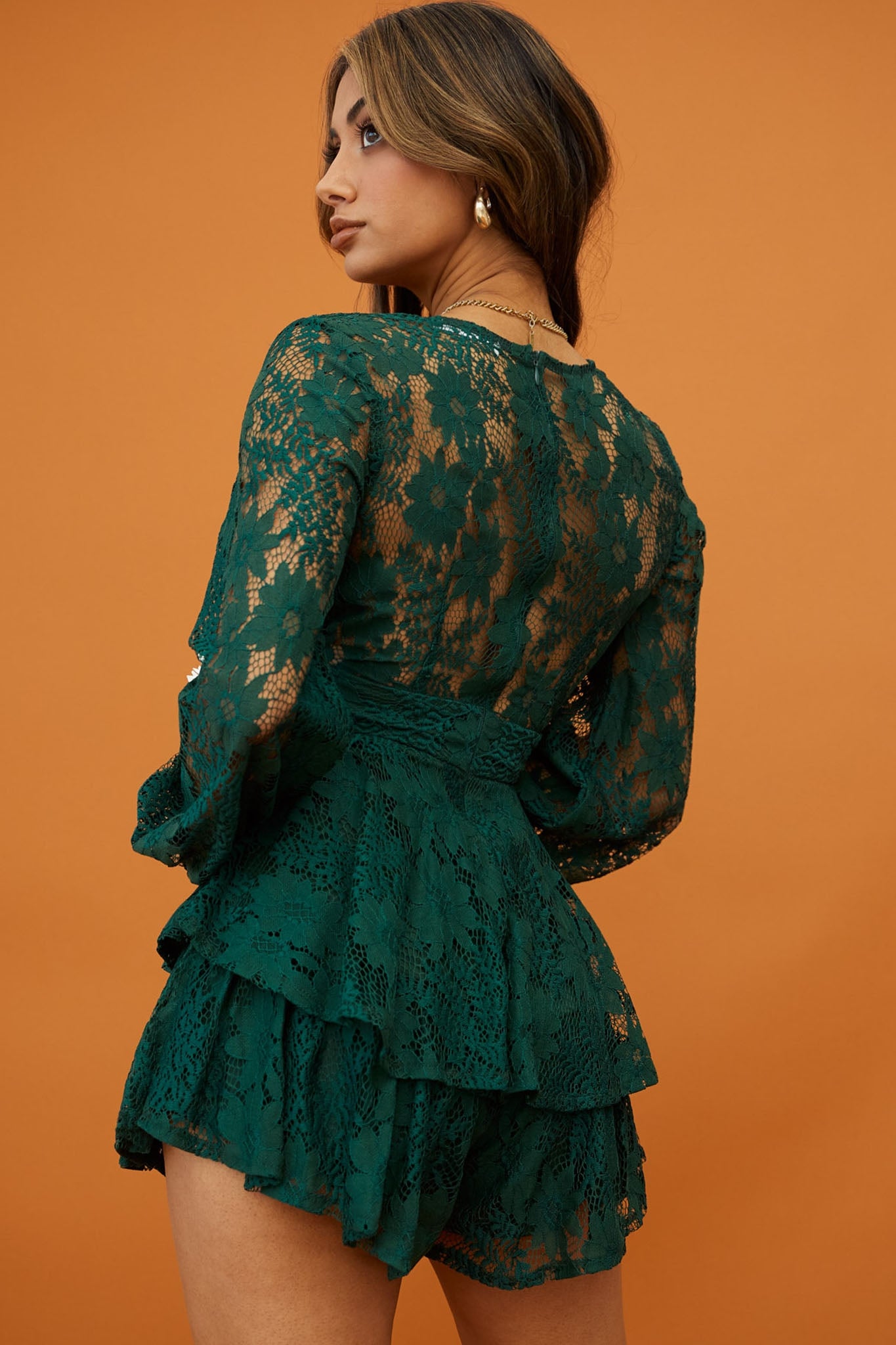 Maddox Fit & Flare Long Sleeve Romper Forest Green