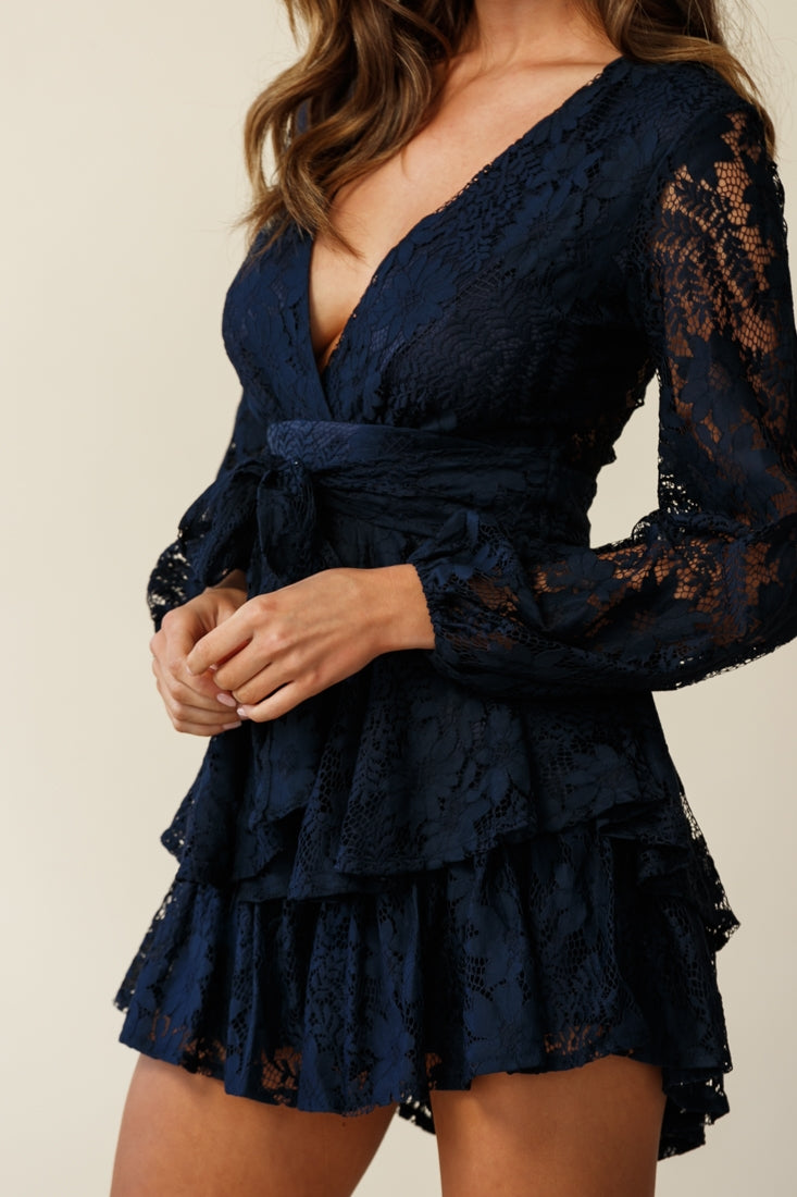 Maddox Fit & Flare Long Sleeve Romper Floral Lace Navy by Selfie Leslie