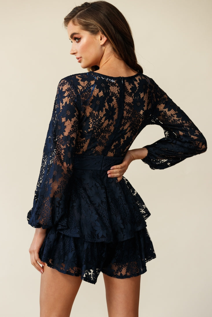 Maddox Fit & Flare Long Sleeve Romper Floral Lace Navy by Selfie Leslie