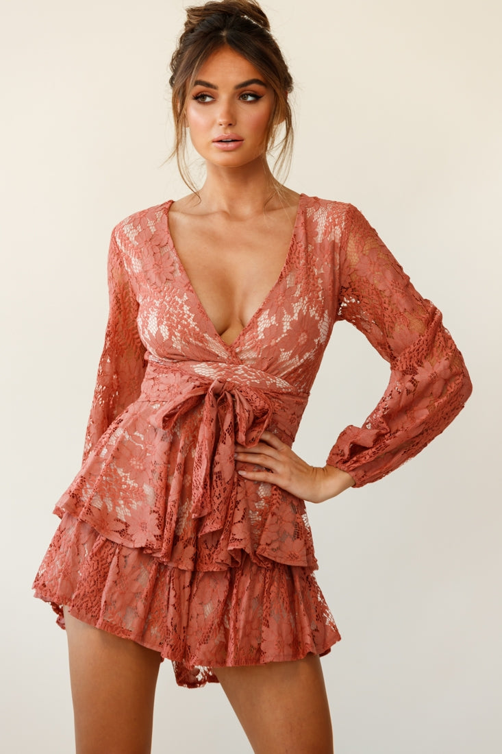 Maddox Fit & Flare Long Sleeve Romper Floral Lace Rose by Selfie Leslie