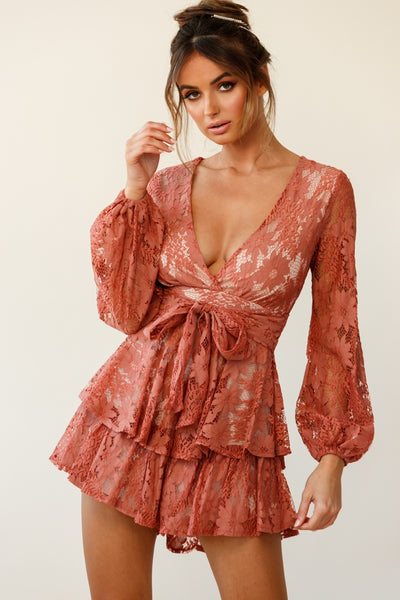 Maddox Fit & Flare Long Sleeve Romper Floral Lace Rose | Selfie Leslie