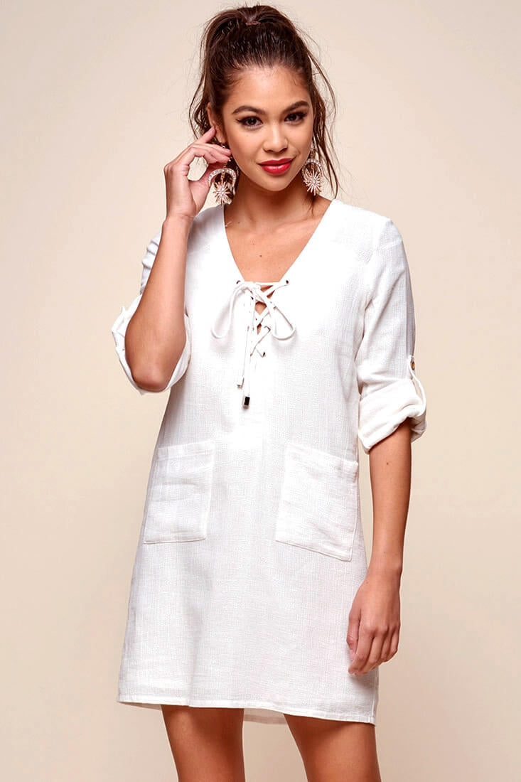 Katie Lace-Up Front Casual Dress White by Selfie Leslie