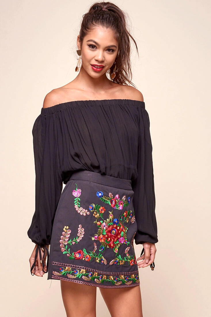 Nina San Lucas Floral Embroidered Mini Skirt Black by Selfie Leslie