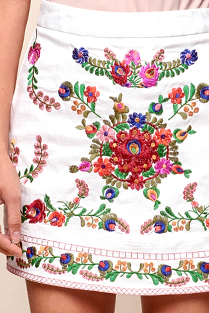 Nina San Lucas Floral Embroidered Mini Skirt White by Selfie Leslie