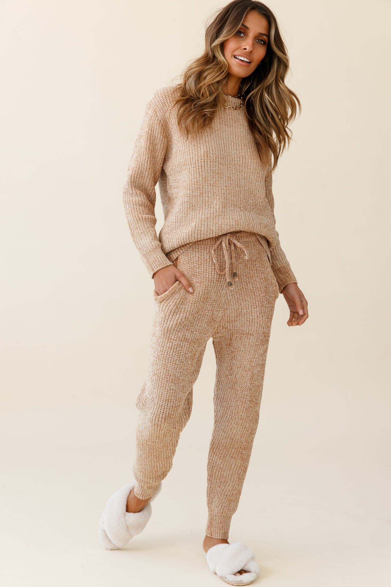 Robin Long Sleeve Ribbed Knit Sweater Tan by Selfie Leslie