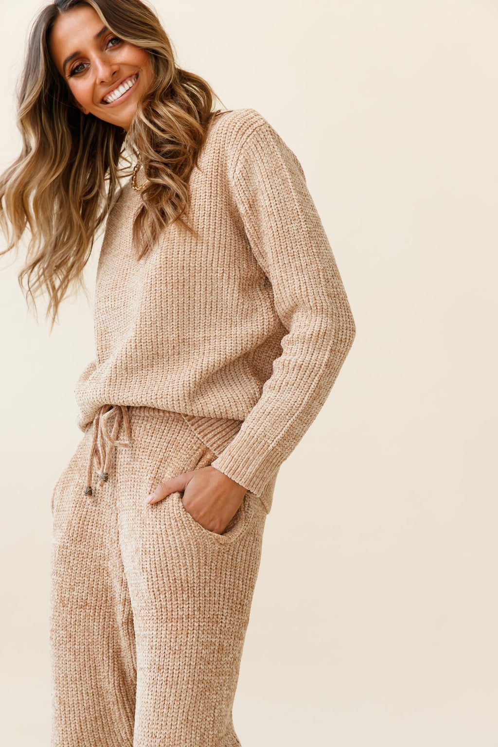 Robin Cuffed Hem Drawstring Ribbed Knit Pants Tan by Selfie Leslie
